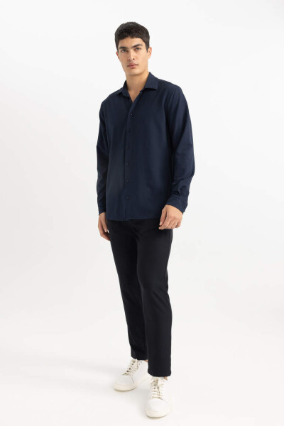 Modern Fit Polo Collar Crinkle Long Sleeve Shirt Navy - 1