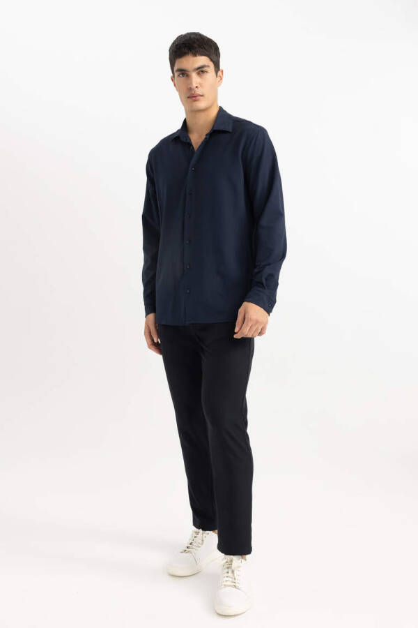 Modern Fit Polo Collar Crinkle Long Sleeve Shirt Navy - 1