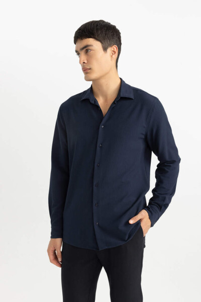 Modern Fit Polo Collar Crinkle Long Sleeve Shirt Navy - 2