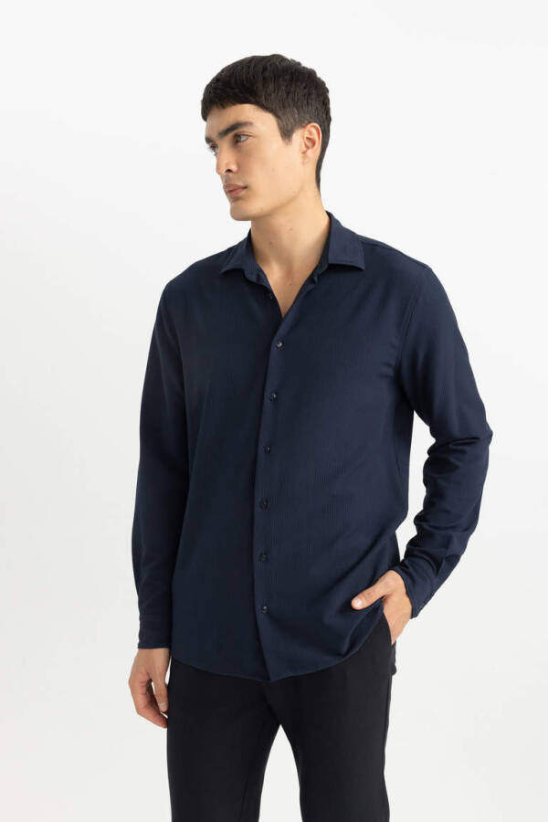 Modern Fit Polo Collar Crinkle Long Sleeve Shirt Navy - 2