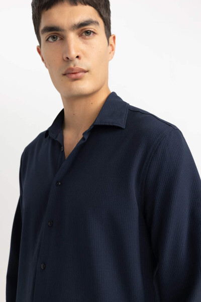 Modern Fit Polo Collar Crinkle Long Sleeve Shirt Navy - 3