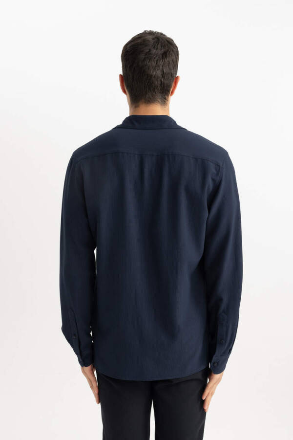 Modern Fit Polo Collar Crinkle Long Sleeve Shirt Navy - 4