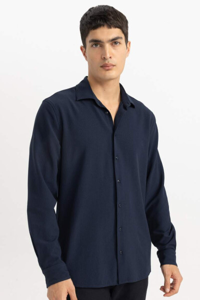 Modern Fit Polo Collar Crinkle Long Sleeve Shirt Navy - 5