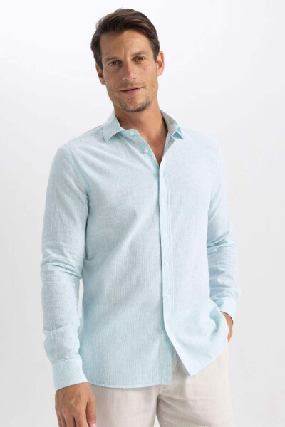 Modern Fit Polo Collar Linen Blend Long Sleeve Shirt Navy Blue - 6