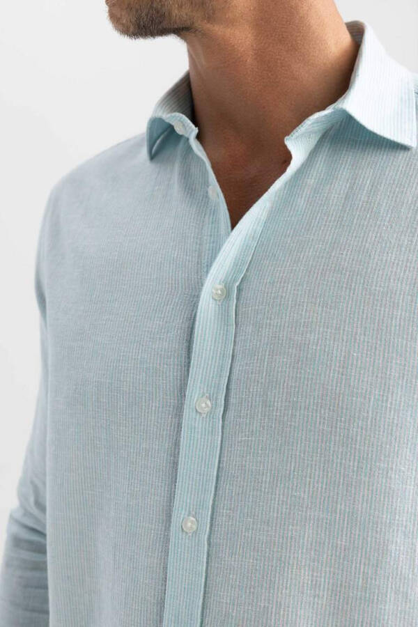 Modern Fit Polo Collar Linen Blend Long Sleeve Shirt Navy Blue - 5