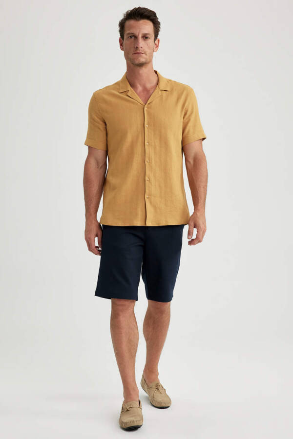 Modern Fit Polo Collar Linen Blend Short Sleeve Shirt Camel - 1