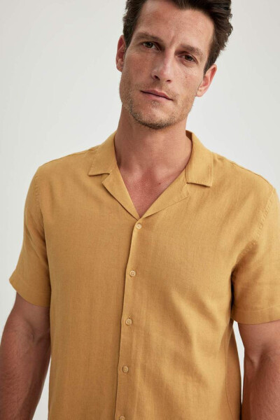 Modern Fit Polo Collar Linen Blend Short Sleeve Shirt Camel - 3