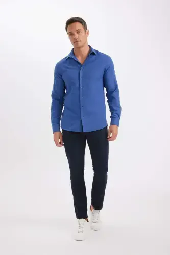 Modern Fit Polo Collar Poplin Long Sleeve Shirt Indigo - 2