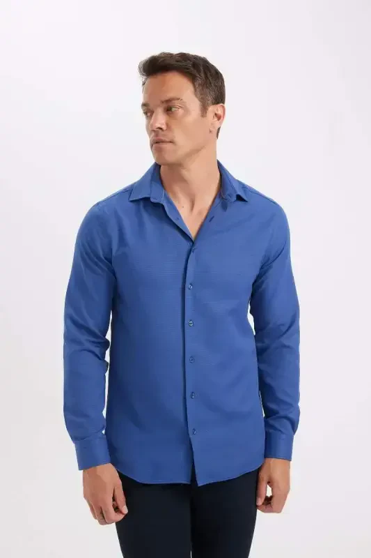 Modern Fit Polo Collar Poplin Long Sleeve Shirt Indigo - 3