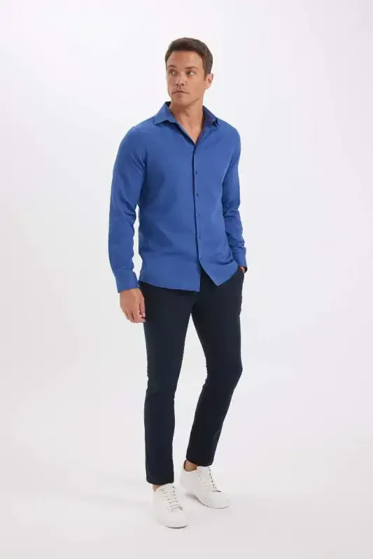 Modern Fit Polo Collar Poplin Long Sleeve Shirt Indigo - 4