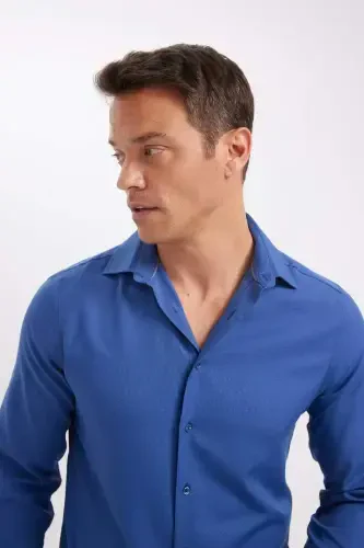 Modern Fit Polo Collar Poplin Long Sleeve Shirt Indigo - 5