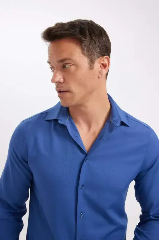 Modern Fit Polo Collar Poplin Long Sleeve Shirt Indigo - 5