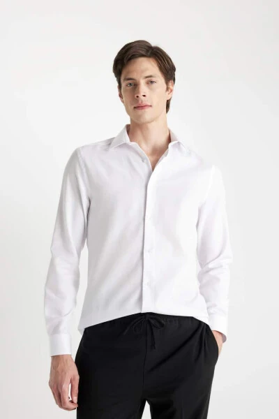 Modern Fit Polo Collar Poplin Long Sleeve Shirt White 