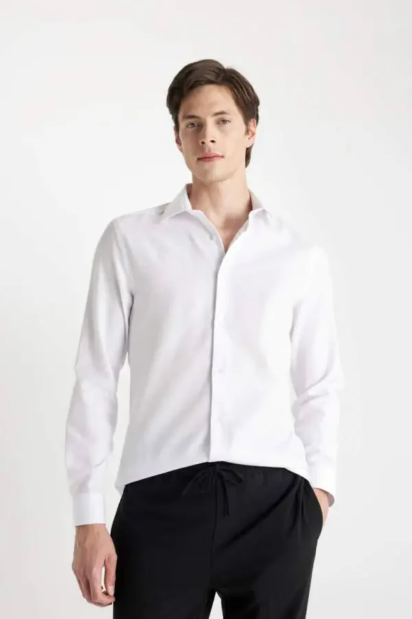 Modern Fit Polo Collar Poplin Long Sleeve Shirt White - 1