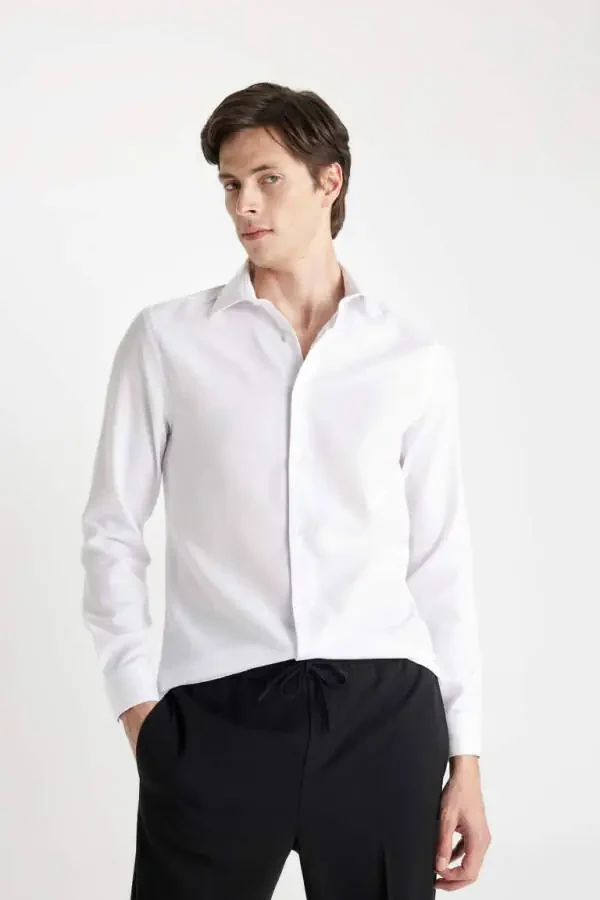 Modern Fit Polo Collar Poplin Long Sleeve Shirt White - 3