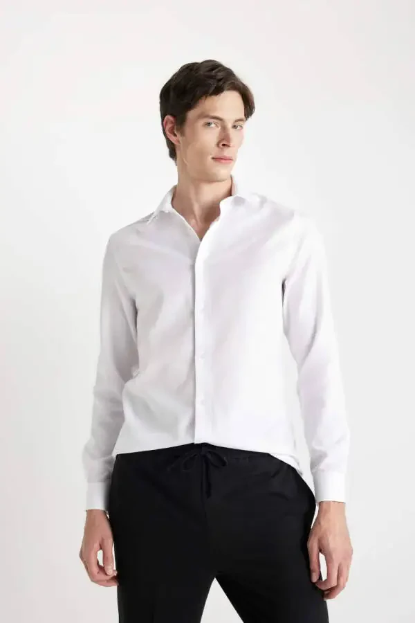 Modern Fit Polo Collar Poplin Long Sleeve Shirt White - 4