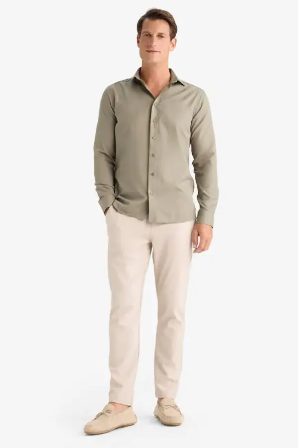 Modern Fit Polo Neck Poplin Long Sleeve Shirt Light Khaki - 2