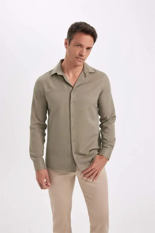 Modern Fit Polo Neck Poplin Long Sleeve Shirt Light Khaki - DEFACTO