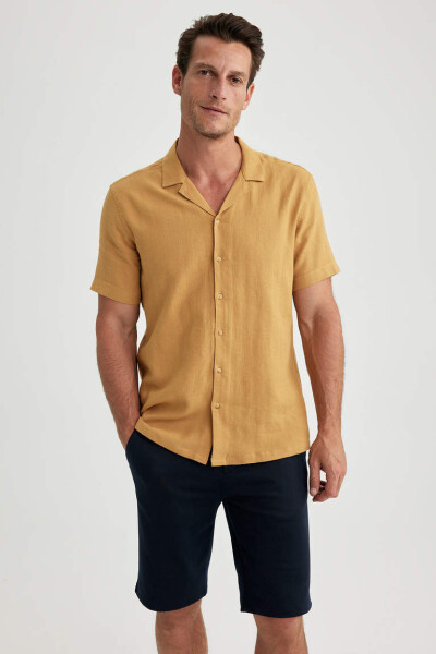 Modern Fit Polo Yaka Keten Karışımlı Kısa Kollu Gömlek Camel - 2