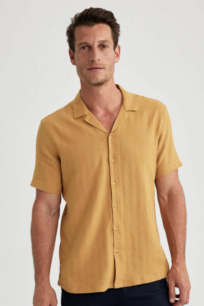 Modern Fit Polo Yaka Keten Karışımlı Kısa Kollu Gömlek Camel - 5