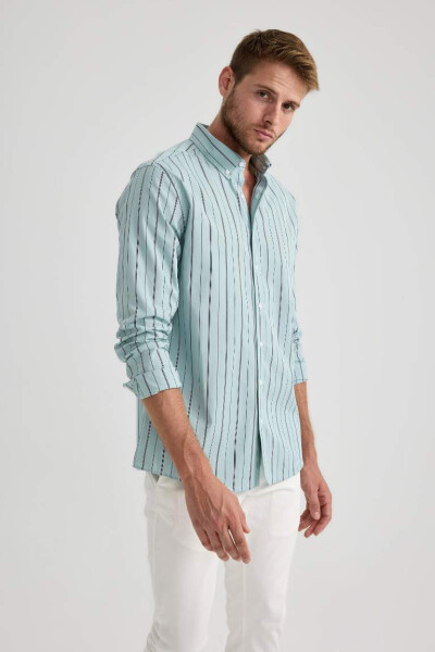 Modern Fit Striped Long Sleeve Shirt Navy Blue - 7