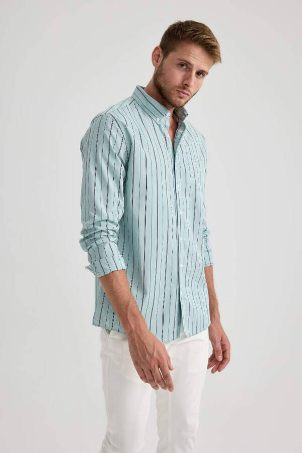 Modern Fit Striped Long Sleeve Shirt Navy Blue - 7