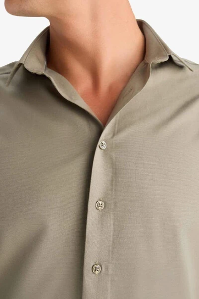 Modern Fit Polo Yaka Poplin Uzun Kollu Gömlek-Açık Haki - 5