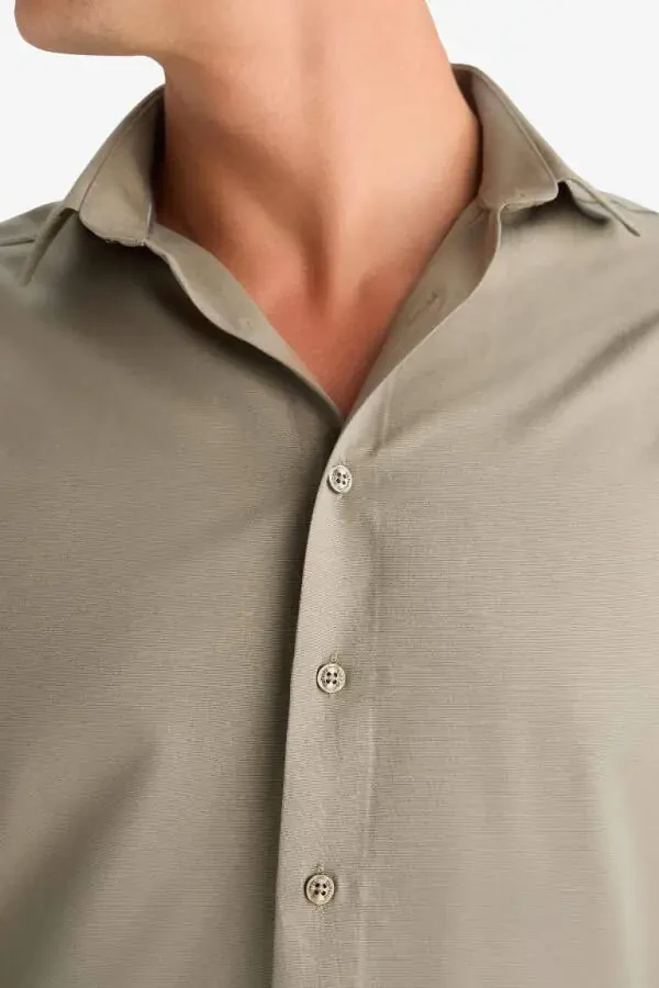 Modern Fit Polo Yaka Poplin Uzun Kollu Gömlek-Açık Haki - 5