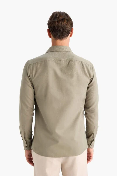 Modern Fit Polo Yaka Poplin Uzun Kollu Gömlek-Açık Haki - 6