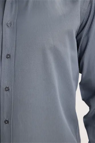 Modern Slim Fit Long Sleeve Cotton Easy Iron Dobby Grey Men's Shirt - Grey - 3