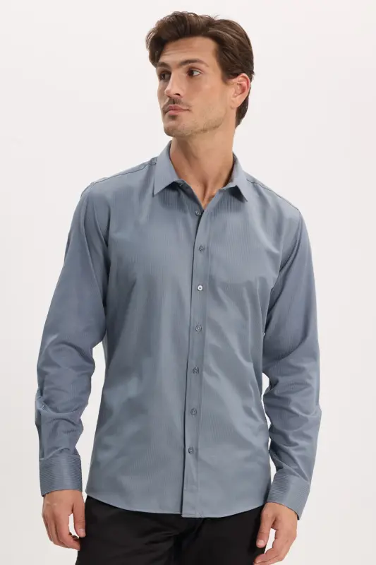 Modern Slim Fit Long Sleeve Cotton Easy Iron Dobby Grey Men's Shirt - Grey - 7