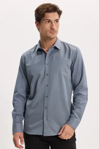 Modern Slim Fit Long Sleeve Cotton Easy Iron Dobby Grey Men's Shirt - Grey - 8