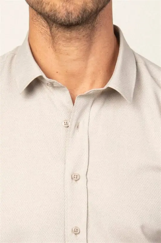 Modern Slim Fit Pamuklu Kolay Ütü Armürlü Erkek Gömlek-Bej - 3