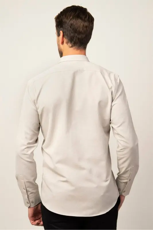 Modern Slim Fit Pamuklu Kolay Ütü Armürlü Erkek Gömlek-Bej - 4