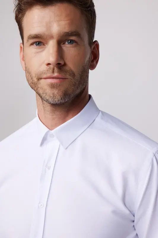 Modern Slim Fit Pamuklu Kolay Ütü Armürlü Erkek Gömlek-Beyaz - TUDORS