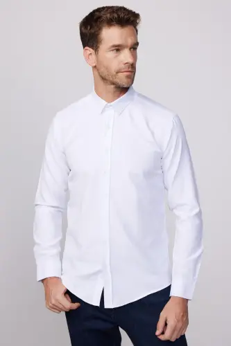 Modern Slim Fit Pamuklu Kolay Ütü Armürlü Erkek Gömlek-Beyaz - 2