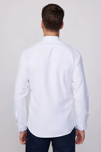 Modern Slim Fit Pamuklu Kolay Ütü Armürlü Erkek Gömlek-Beyaz - 5