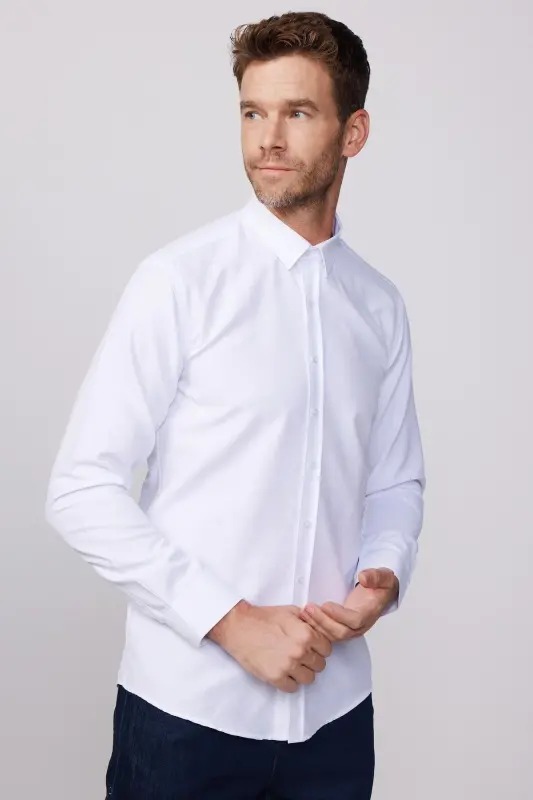 Modern Slim Fit Pamuklu Kolay Ütü Armürlü Erkek Gömlek - Beyaz - 3