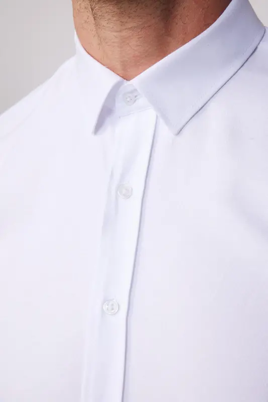 Modern Slim Fit Pamuklu Kolay Ütü Armürlü Erkek Gömlek - Beyaz - 4