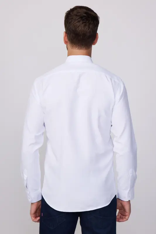 Modern Slim Fit Pamuklu Kolay Ütü Armürlü Erkek Gömlek - Beyaz - 5
