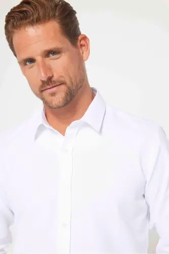 Modern Slim Fit Pamuklu Kolay Ütü Armürlü Erkek Gömlek-Beyaz - 3