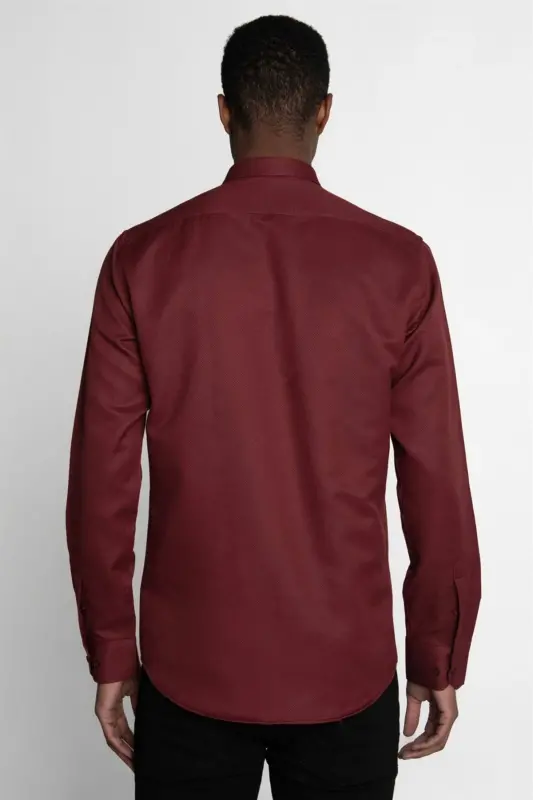 Modern Slim Fit Pamuklu Kolay Ütü Armürlü Erkek Gömlek-Bordo - 4