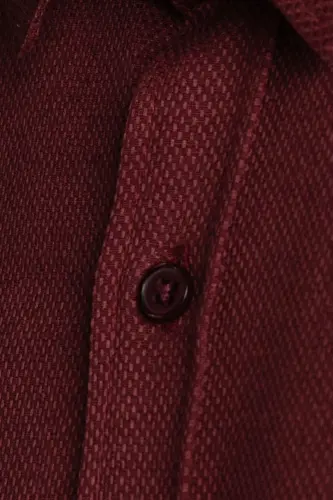 Modern Slim Fit Pamuklu Kolay Ütü Armürlü Erkek Gömlek-Bordo - 5
