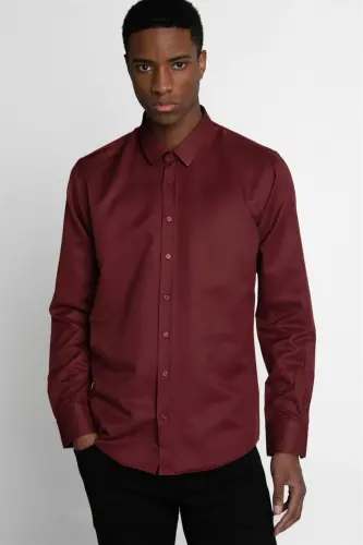 Modern Slim Fit Pamuklu Kolay Ütü Armürlü Erkek Gömlek-Bordo 