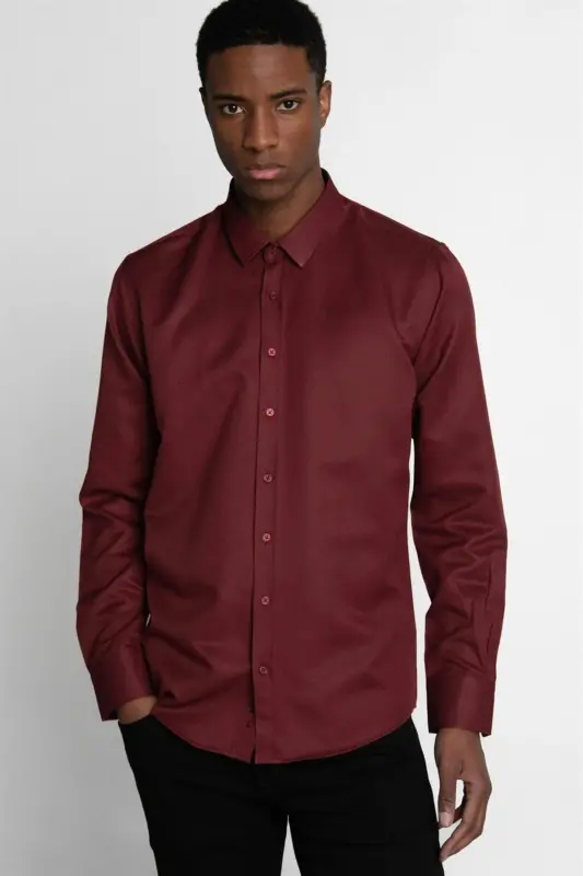 Modern Slim Fit Pamuklu Kolay Ütü Armürlü Erkek Gömlek-Bordo - 1