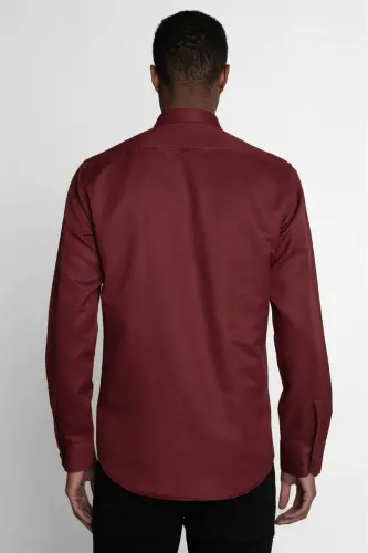 Modern Slim Fit Pamuklu Kolay Ütü Armürlü Erkek Gömlek-Bordo - 4