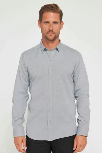 Modern Slim Fit Pamuklu Kolay Ütü Armürlü Erkek Gömlek-Gri - TUDORS (1)