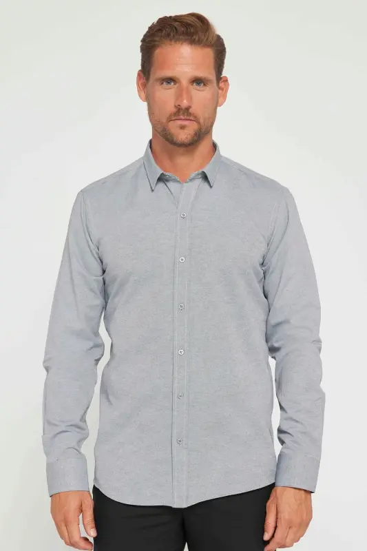 Modern Slim Fit Pamuklu Kolay Ütü Armürlü Erkek Gömlek-Gri - 2