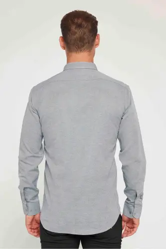 Modern Slim Fit Pamuklu Kolay Ütü Armürlü Erkek Gömlek-Gri - 5