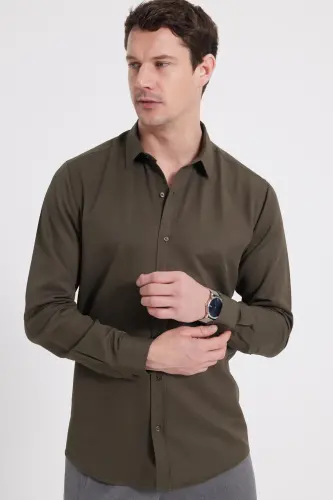 Modern Slim Fit Pamuklu Kolay Ütü Armürlü Erkek Gömlek-Haki 